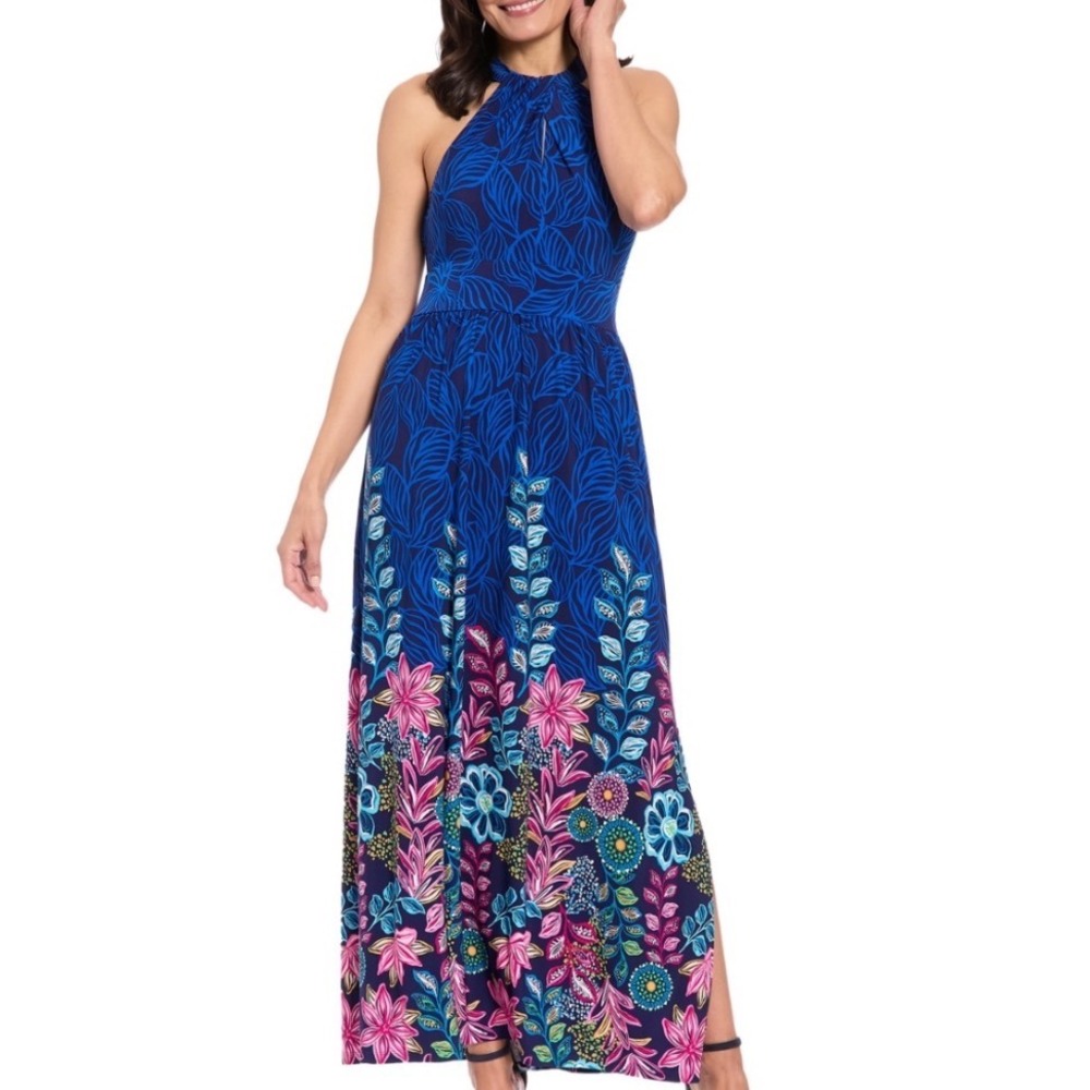 London Times Maxi Dress Women 18 NWT Navy Pink Floral Halter Sleeveless